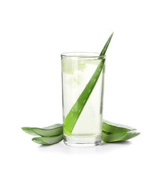 Glass of aloe vera juice on white background