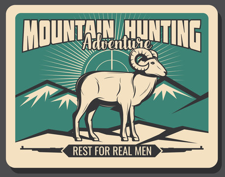Mountain goat hunting adventure, vector poster