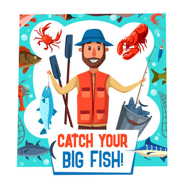 Fishing sport poster with fisherman catch