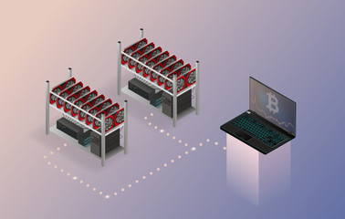Isometric cryptocurrency mining concept.