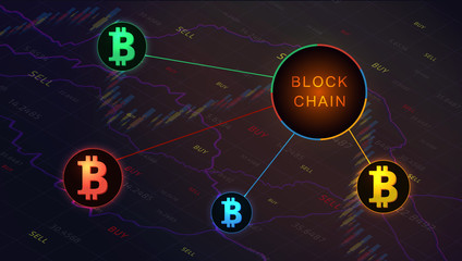 Blockchain concept banner on  background of stock market graph. Blockchain cryptocurrencies global network technology e-commerce business management. Candle stick stock market tracking graph. Vector.