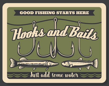 Fishing hooks and baits store, vector
