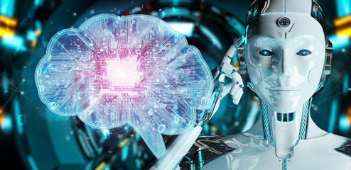 Robot creating artificial intelligence in a digital brain 3D rendering