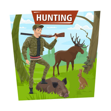 Hunter in forest with wild animals trophy