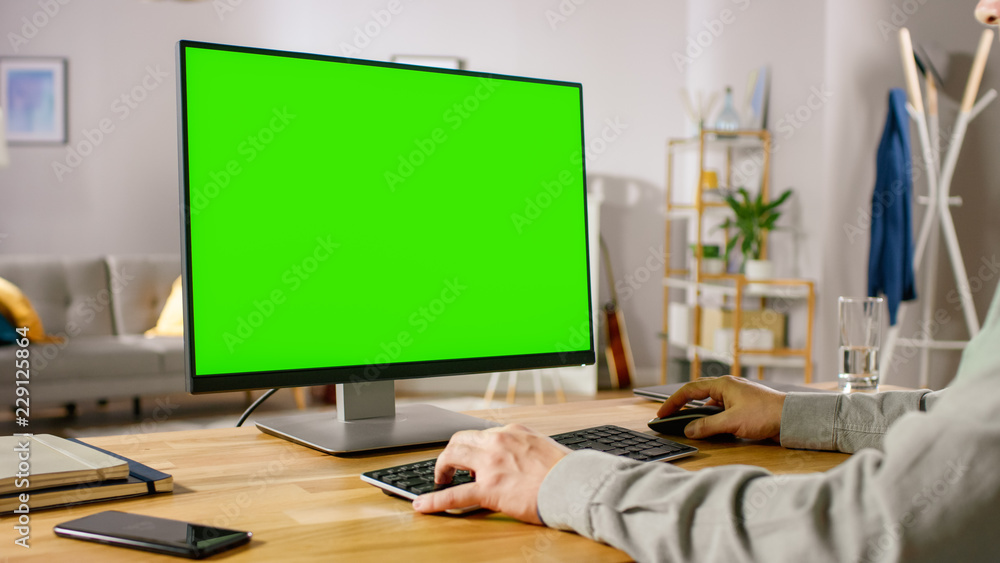 Poster over the shoulder shot of professional freelancer working on green mockup screen personal computer f
