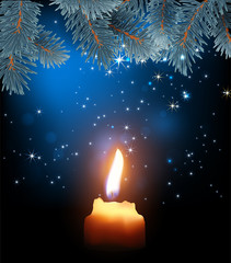 Burning candle on the background of the night starry sky and fir branches. Highly realistic illustration.