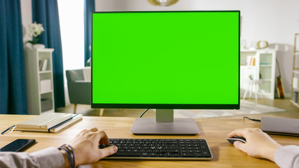 First Person View of Professional Freelancer Working on Green Mockup Screen Personal Computer From...