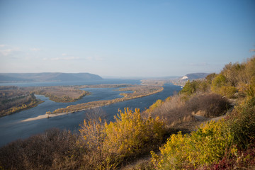 Panoramic view of Zhiguli mountains and Volga river near Samara