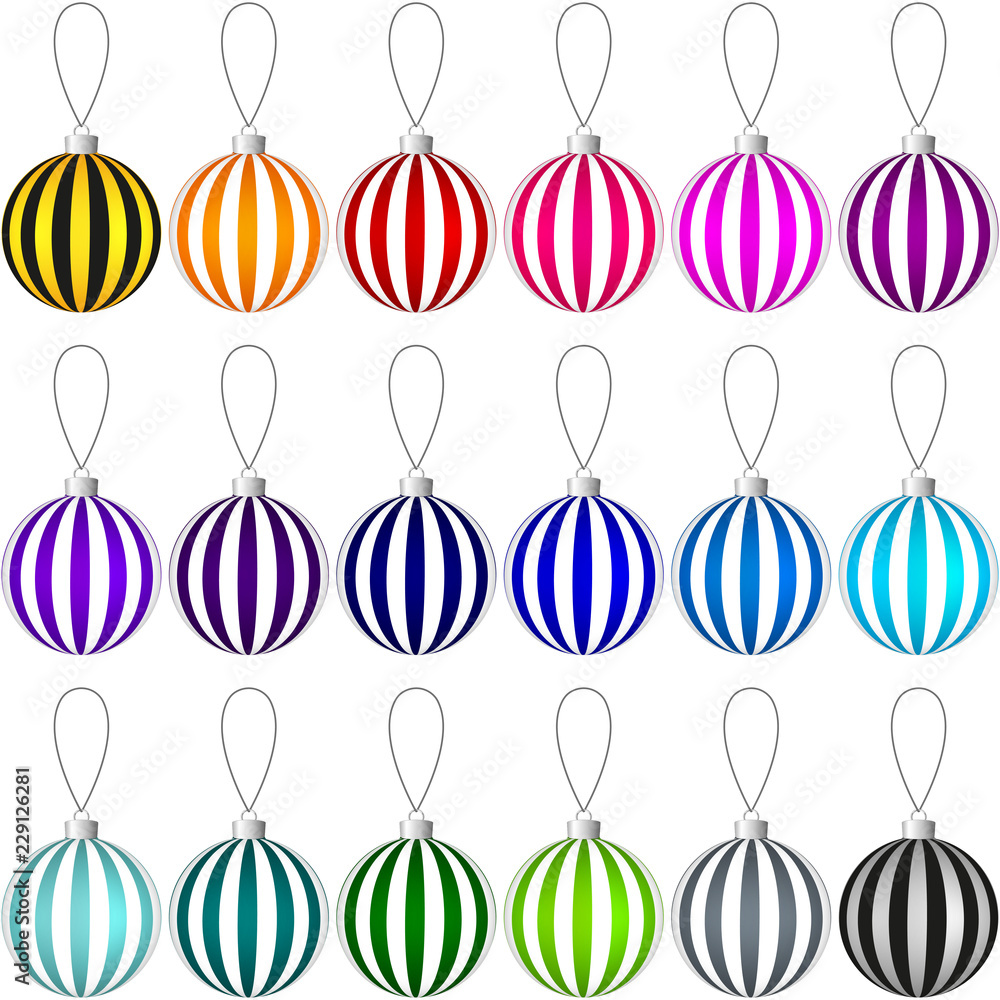 Poster colorful collection of christmas balls with pattern hanging on a thread. vector eps 10