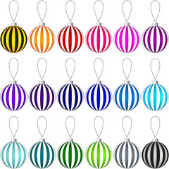 Colorful collection of Christmas balls with pattern hanging on a thread. Vector EPS 10