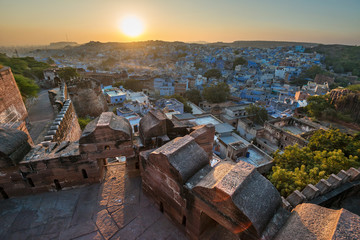 View of blue city of Jodhpur in Rajasthan, India during sunset