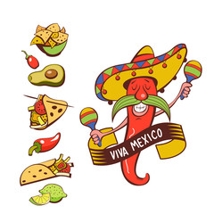 Red chili in a sombrero dancing with maracas. Mexican food. A set of popular Mexican dishes, fast food. Vector illustration.