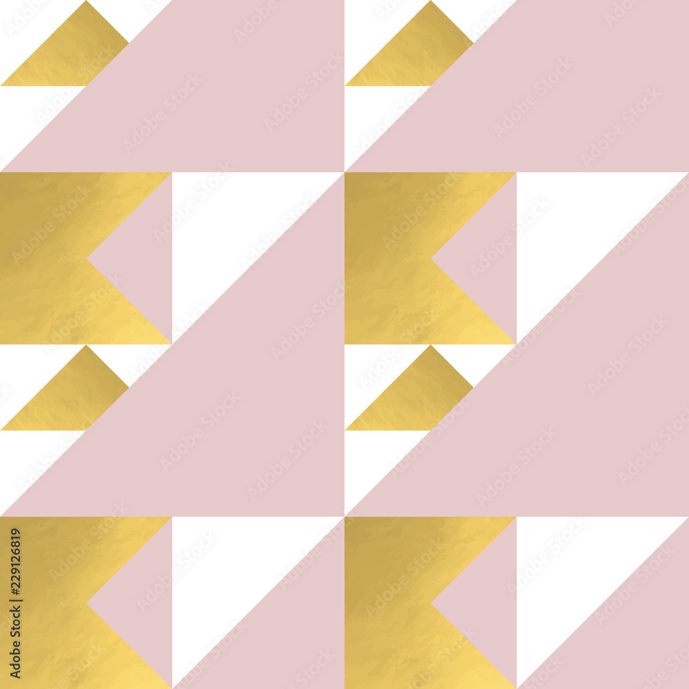 Poster Festive triangle and square geometric shapes background. Abstract mosaic vector seamless pattern in pastel and golden colors. Christmas , new year, carnival, party, celebration wrapping paper concept.