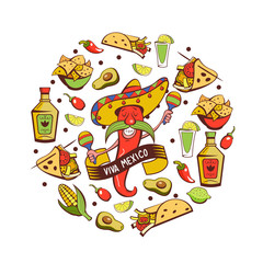 Red chili in a sombrero dancing with maracas. Mexican food. A set of popular Mexican dishes, fast food. Vector illustration.