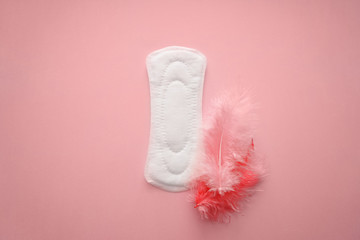 Menstrual pad with feathers on color background