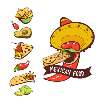 Red chili in a sombrero eating burritos. Mexican food. A set of popular Mexican dishes, fast food. Vector illustration.