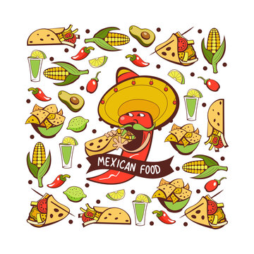 Red chili eats burritos. Mexican food. A set of popular Mexican dishes, fast food. Vector illustration