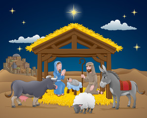A Christmas nativity scene cartoon, with baby Jesus, Mary and Joseph in the manger with donkey and other animals. The City of Bethlehem and star above. Christian religious illustration.
