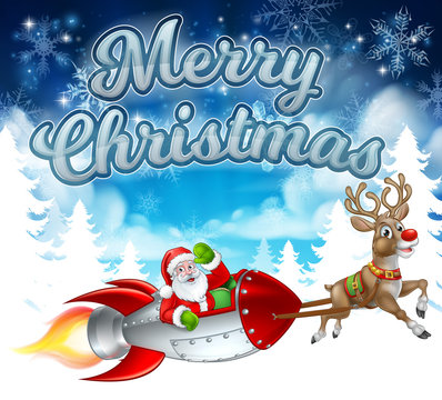 Santa Claus in a rocket sleigh pulled by reindeer cartoon with winter landscape background and Merry Christmas message