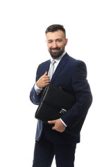 Handsome businessman with bag on white background