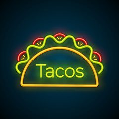 Traditional tacos meal neon glowing label illustration. Spicy vector night light taco sign with beef, green salad and red tomato with label Tacos for roadside neon style advertising design.