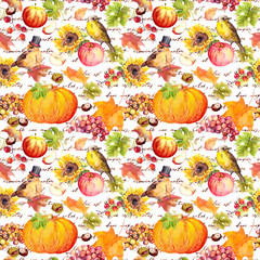 Thanksgiving repeating pattern - birds, fruits, vegetables - pumpkin, apples, grape with autumn leaves. Vintage watercolor with hand written text