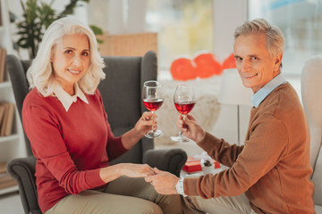 Romantic lunch. Happy senior married couple holding each others hands while sitting with glasses of red wine and smiling at camera