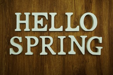 hello spring alphabet letter with tulip flower on wooden background