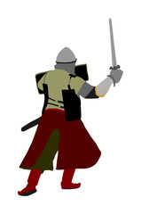 Knight in armor with sword and shield vector illustration isolated. Medieval fighter in battle. Hero keeps castle walls. Armed man defends honor of his family and people. Defend country against enemy.