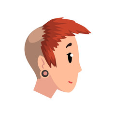 Head of girl with modern haircut and earring tunnel in her ear, profile of young woman with fashion hairstyle vector Illustration on a white background