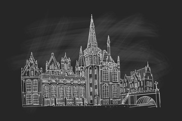Fototapeta premium Vector sketch of embankment Graslei and medieval buildings. Former center of the medieval harbor. Ghent, Belgium. Retro style.