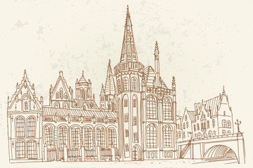 Obraz premium Vector sketch of embankment Graslei and medieval buildings. Former center of the medieval harbor. Ghent, Belgium. Retro style.