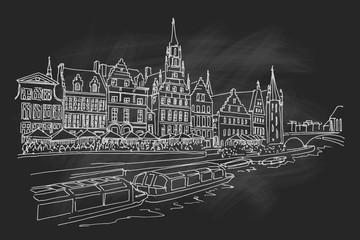 Vector sketch of embankment Graslei and medieval buildings. Former center of the medieval harbor. Ghent, Belgium. Retro style.