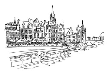 Fototapeta premium Szkic wektor nasypu Graslei i średniowieczne budynki. Dawne centrum średniowiecznego portu. Ghent, Belgia.