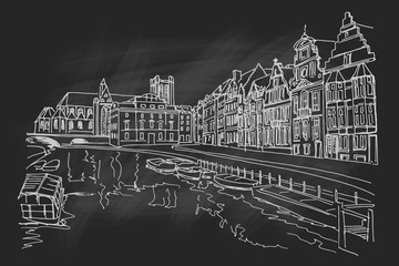 Fototapeta premium Vector sketch of embankment Graslei and medieval buildings. Former center of the medieval harbor. Ghent, Belgium. Retro style.
