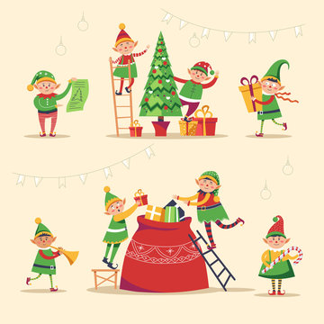Christmas winter holiday, elves getting ready for holiday