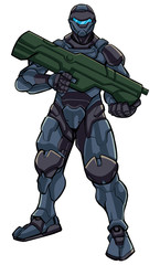 Illustration of futuristic soldier in high-tech exoskeleton armor suit holding big laser gun.