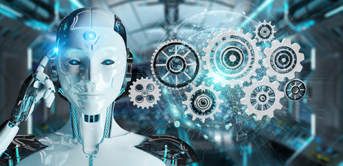 White humanoid robot using digital gears 3D rendering
