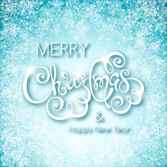 Merry Christmas calligraphic inscription on light blue background with snowflakes