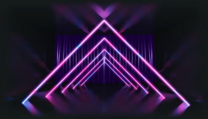 3D Rendering. Geometric figure in neon light against a dark tunnel. Laser glow. © shacil