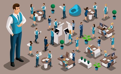 Isometry set 6, bank icons with bank employees, men bank employee, customer service manager. Financial structure, banking business