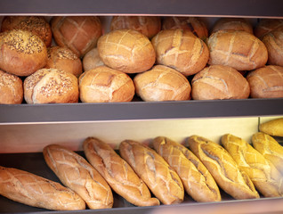 Freshly baked Breads   at bakery  display ,Shallow depth of focus