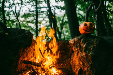 pumpkin face by the fire in the woods.helloween.halloween.