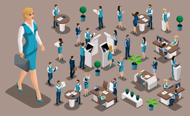 Isometric set 2, bank icons with bank employees, woman bank worker, customer service manager. Financial structure, banking business