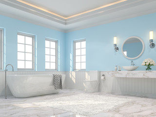 Luxury bathroom 3d render,There are white marble floor, light blue wall and ceiling hiding orange light,Decorate with white carpet and flower,The room has more windows. Sunlight shining into the room