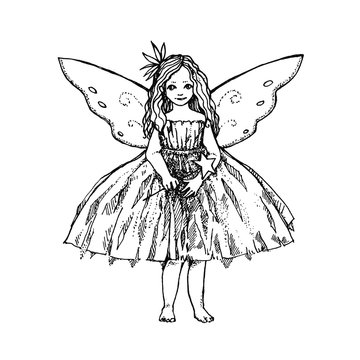 Charming little girl with a magic wand and fairy wings. A little angel. Graphic hand drawn illustration.