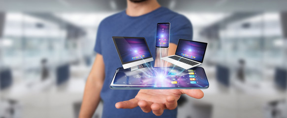 Modern devices connected in businessman hand 3D rendering