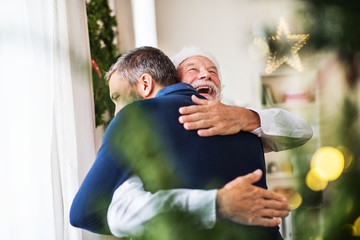 A senior father with a Santa hat and adult son standing by the window, hugging.