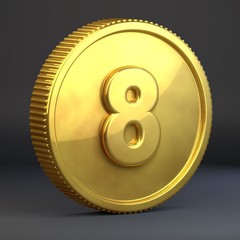 Golden coin with number 8 isolated on black background.