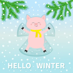 Hello winter. Pig laying on back. Making snow angel. Moving paws. Fir tree. Branch spruce Cute cartoon funny character. Top air view. Flat design. Blue snowflake background.